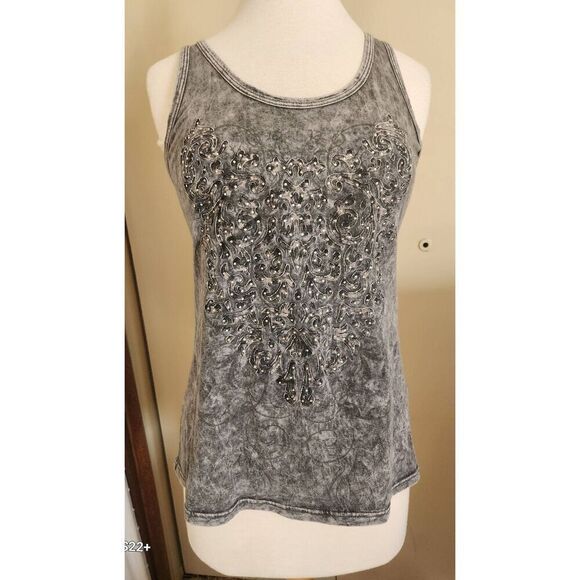 T64 Maurices 2 pc gray decorative silver-studded pattern tank and fringed kimono - Picture 6 of 11